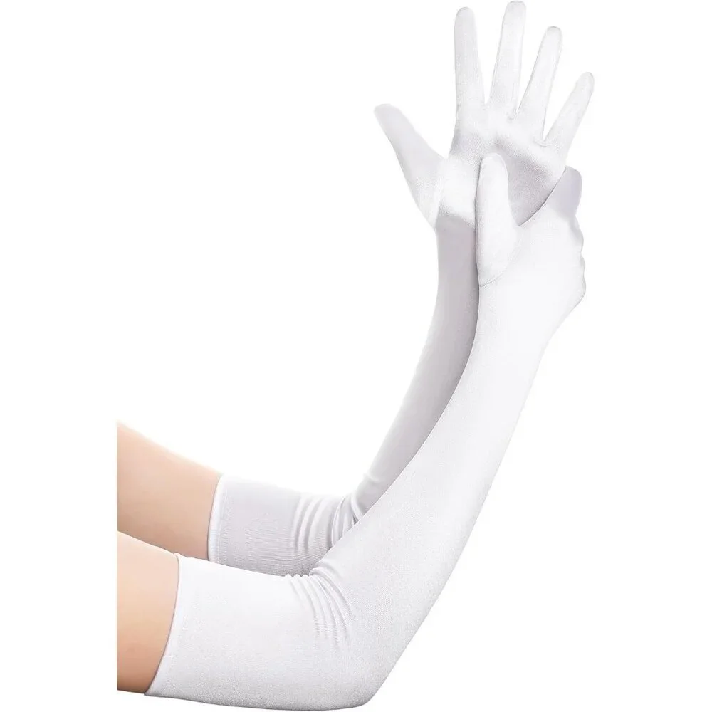 Women's White Vintage Satin Long Gloves Party Costume Stretchy Elbow Length